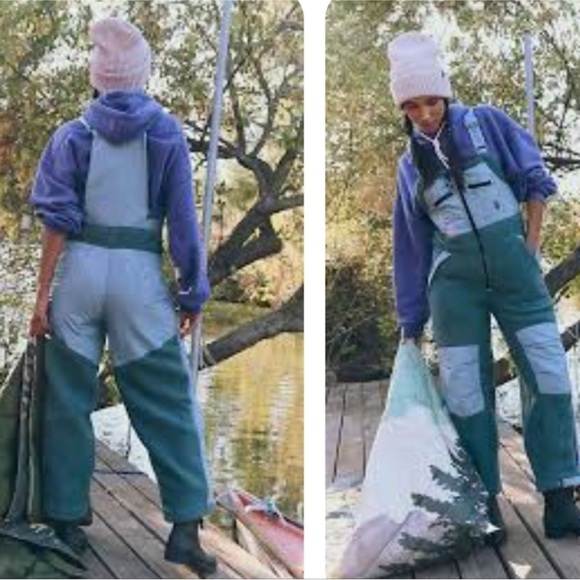 NEW Free People Hit the Slopes Fleece Snow Bib Overalls in Midnight Jade Combo - Picture 1 of 9